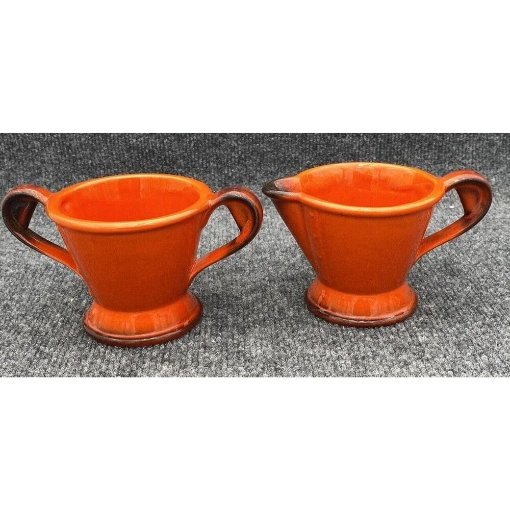 Vintage Metlox Poppy Trail Red Rooster Creamer Open Sugar Bowl Set Burnt Orange